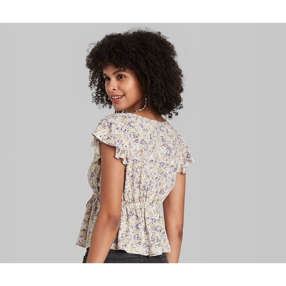 Wild Fable Flutter Sleeve V-Neck Tie-Front Flyaway Top Off-White top Large 122 - Picture 2 of 9